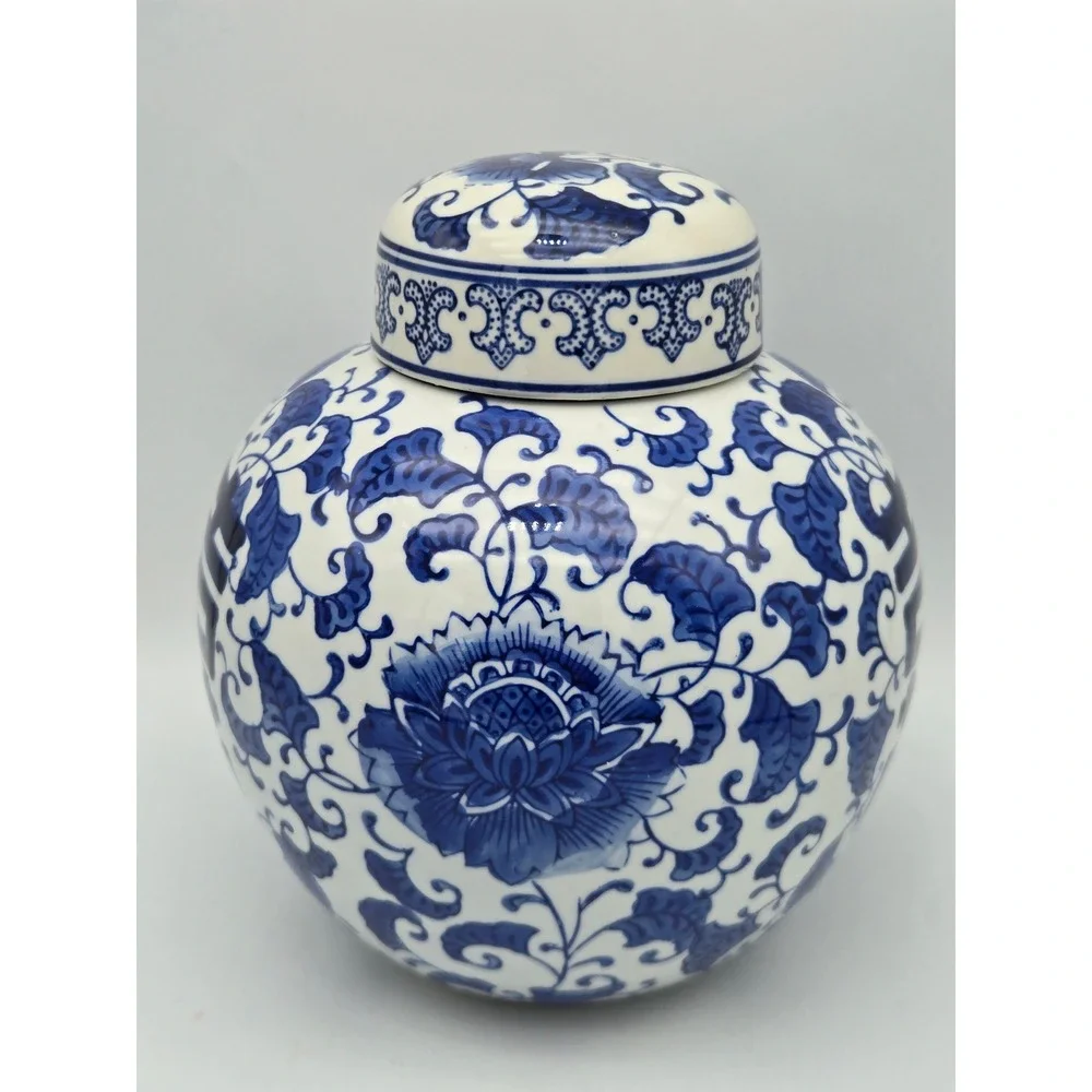 Chinese Porcelain Ginger Jar Double Happiness Blue & White Floral Chinoiserie 8